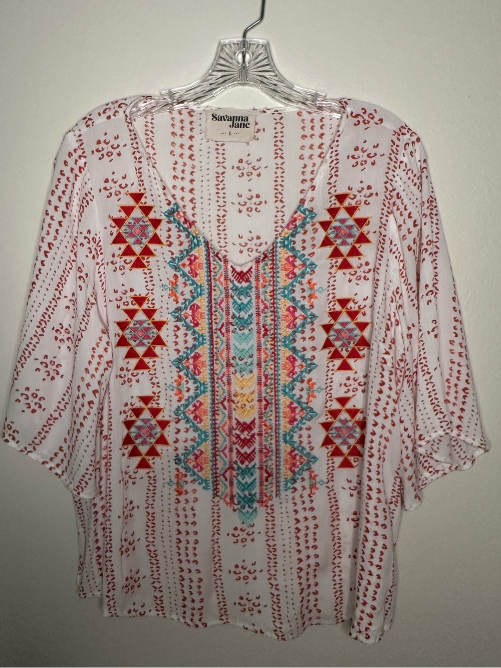 Savanna Jane with Boho style embroidered bodice with 3/4 flutter sleeves Large